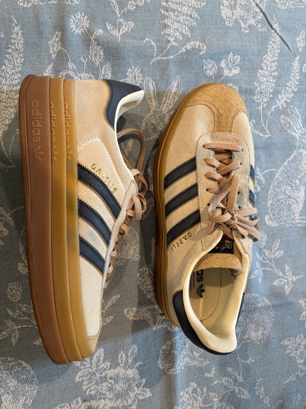 adidas woman’s Gazelle Suede Sneakers in Tan with Blue Stripes